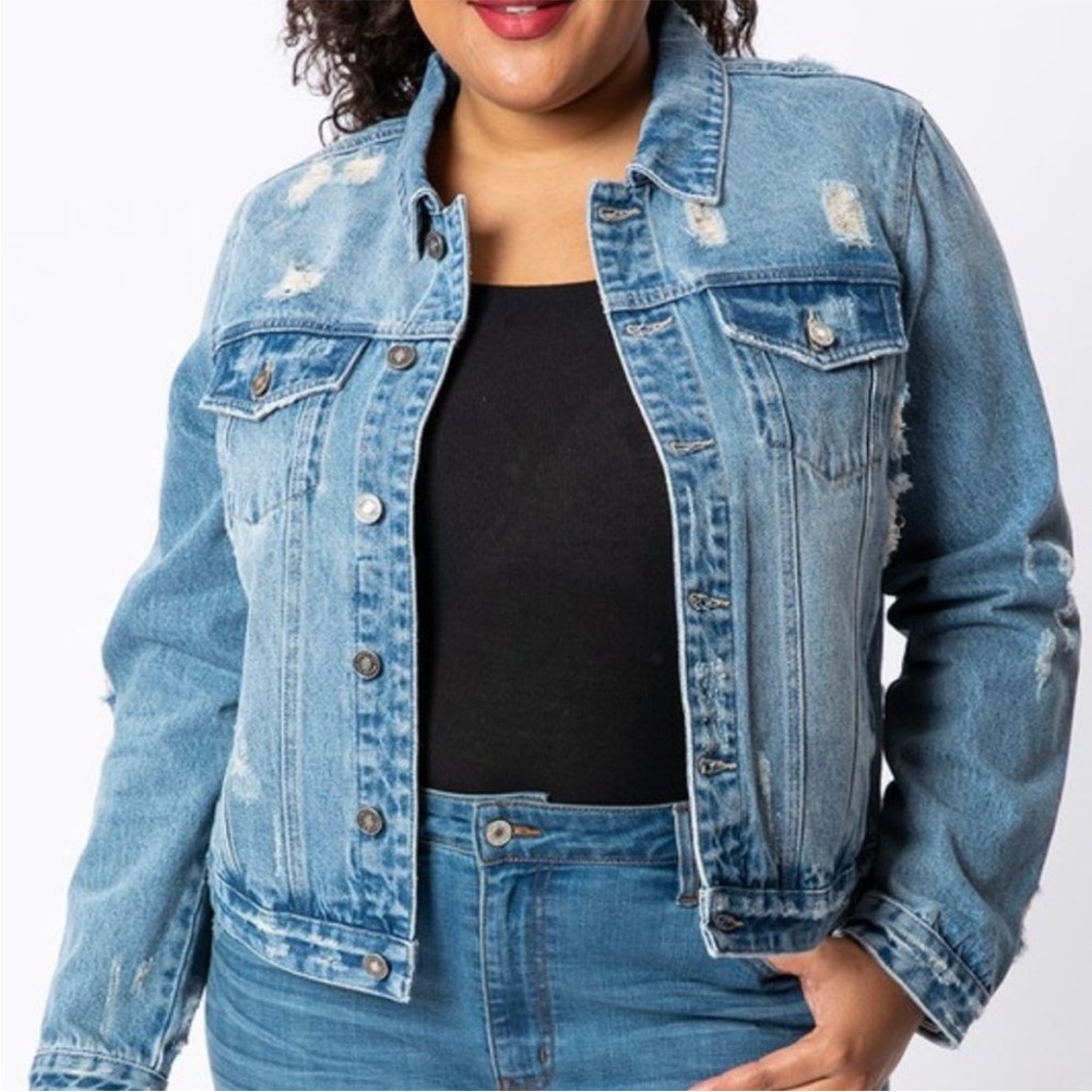 KanCan DENIM DISTRESSED JEAN JACKET Women’s XL BLUE Trucker Streetwear Casual